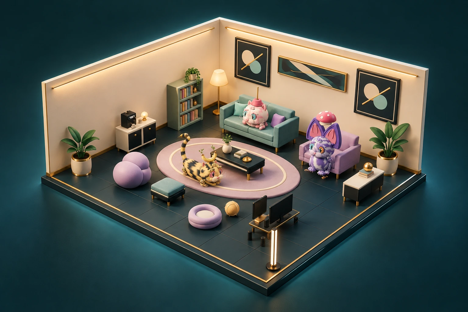 Anonymisierte Konzeptvisualisierung eines Community-Housing-Raums mit Sofa, Möbeln und individuellen 3D-Katzen.