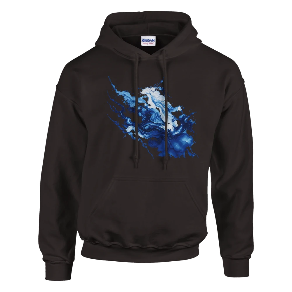 Blue Matter Art Hoodie mit blauer abstrakter Kunst auf dunklem Schokoladenbraun