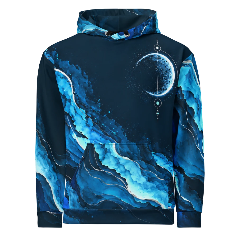 Blauer Lunar Current Hoodie mit abstrakten Strömungen und Mondmotiv