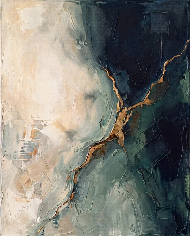 The First Light: helle und dunkle abstrakte Flächen mit goldenen Linien