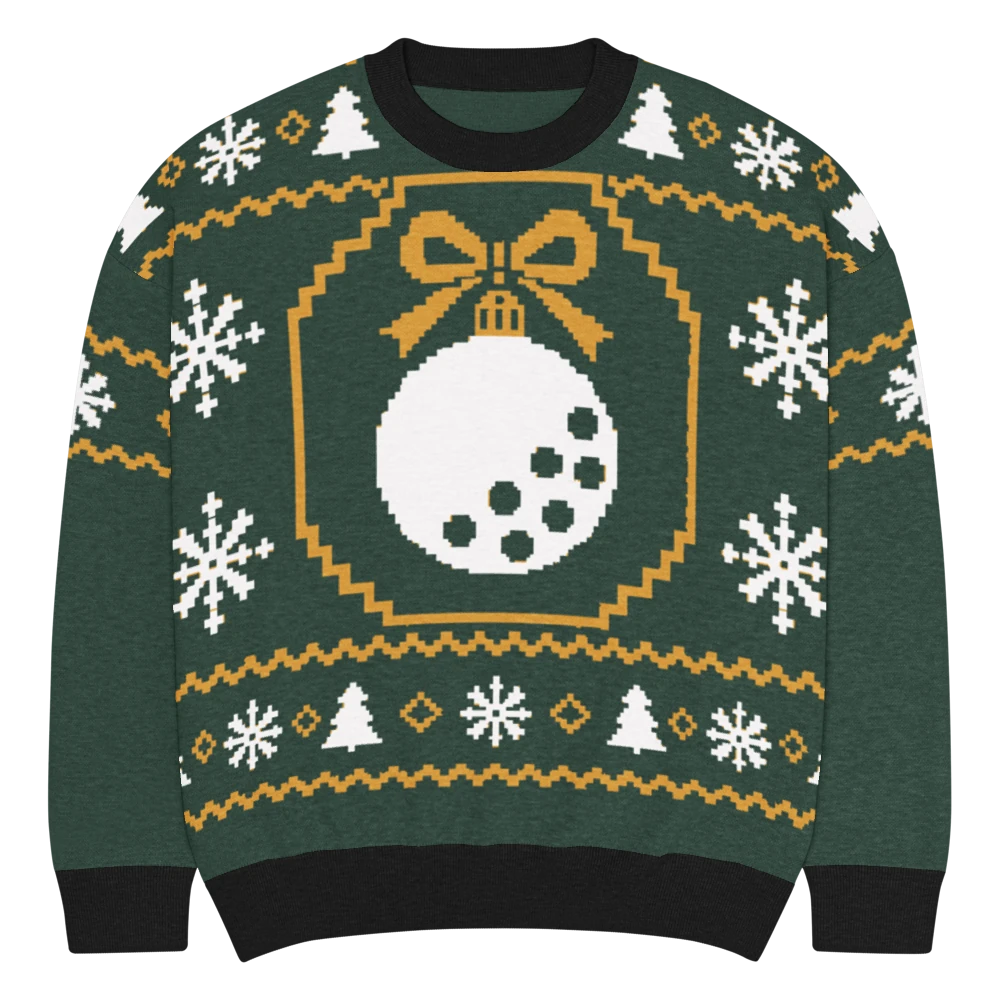 Grüner Winter Fairway Strickpullover mit Golfball-Christbaumkugel und Schneeflocken